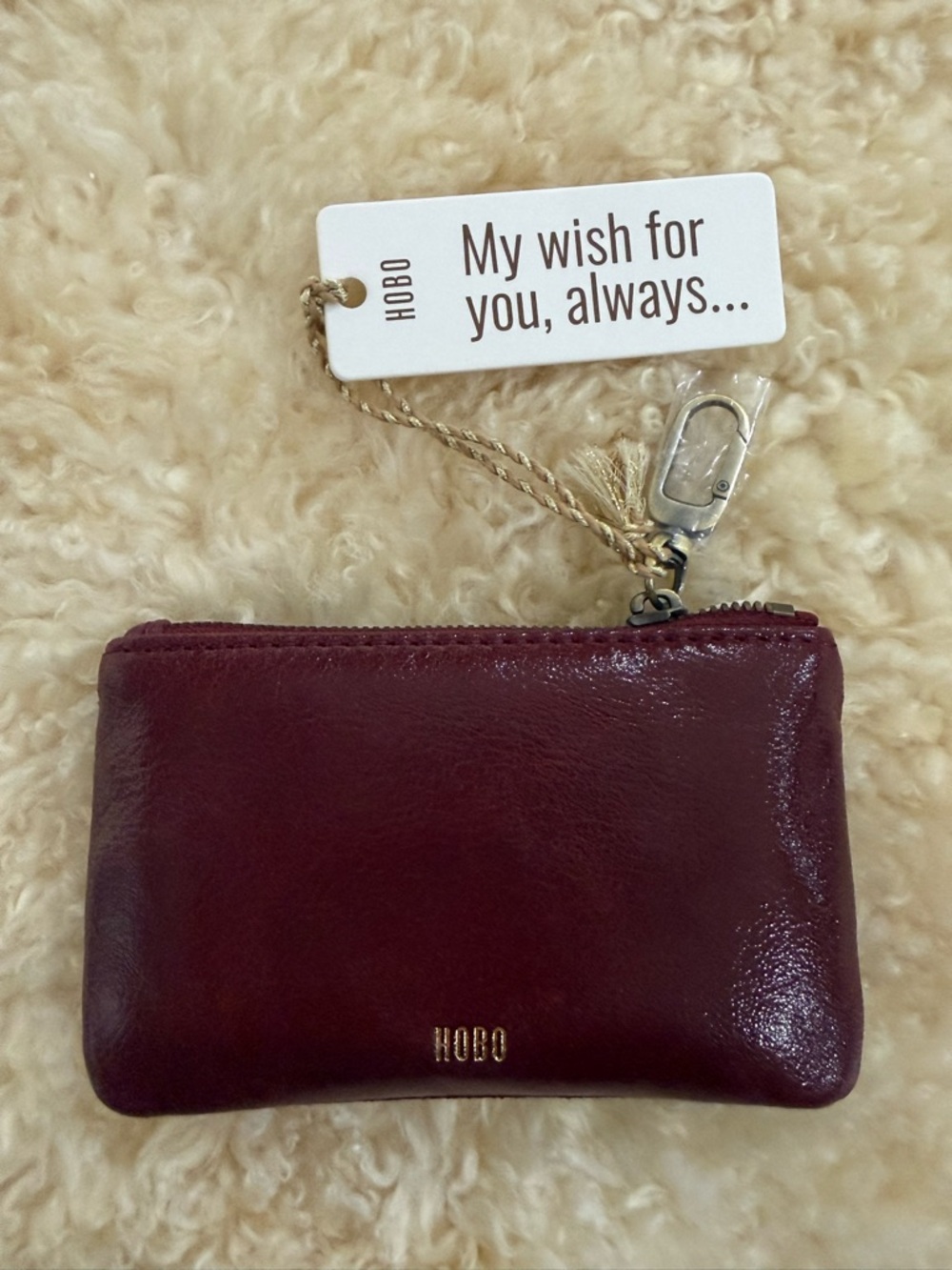 HOBO Burgundy Leather Zip Key Pouch with Gold Logo - Picture 2 of 10